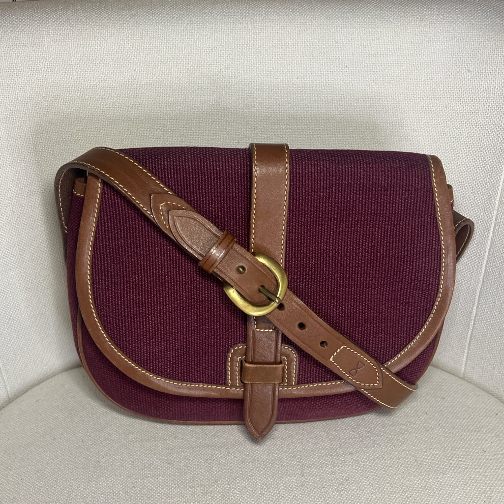 Trafalgar Burgundy Fabric Crossbody With Brown Leather Trim And Brass Buckle